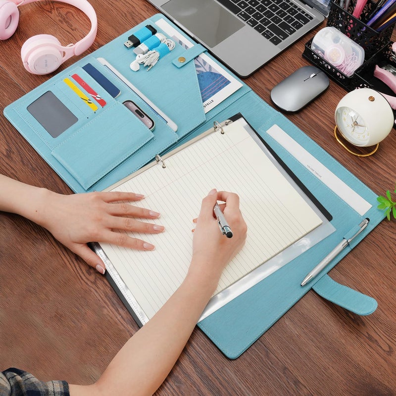 WONDERPOOL A4 PU Leather Portfolio Holder Ring File Document Case with Removable Binder Clipboard, Multi Pocket and Legal Pad for Business Organizer Interview and Meeting (Light Blue) - Image 2